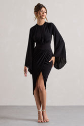 Black Drape-Sleeve Gathered Midi Dress